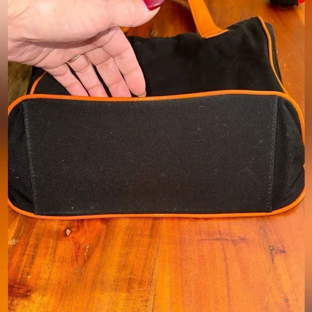 Harrods Black Canvas Tote With Orange Paten Leather Trim And Handles Snap Close — image 5 of 8
